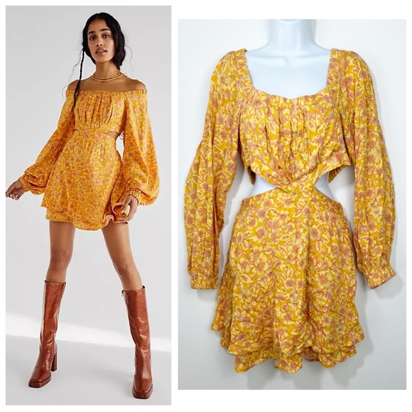 Free People Jael Printed Mini Dress Size Medium Cut Out sides Yellow Floral - Picture 2 of 9
